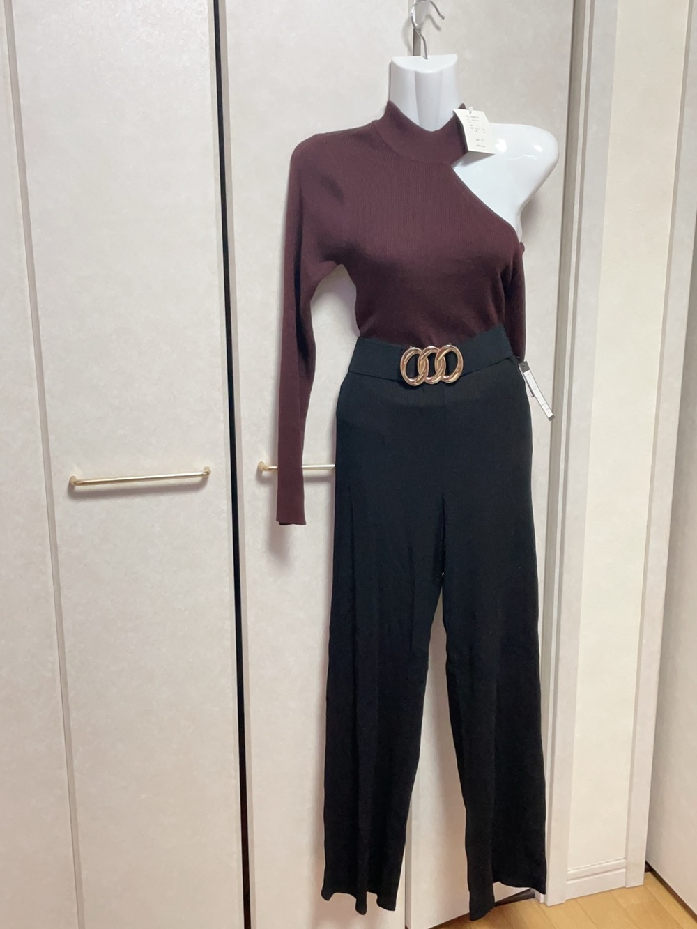 Women’s One-Shoulder Maroon Sweater with Black Wide-Leg Pants